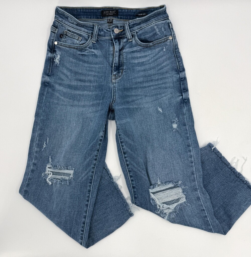 Judy Blue Jeans Womens 5 27 Blue Wide Leg Distressed Fray Hem High Rise Denim